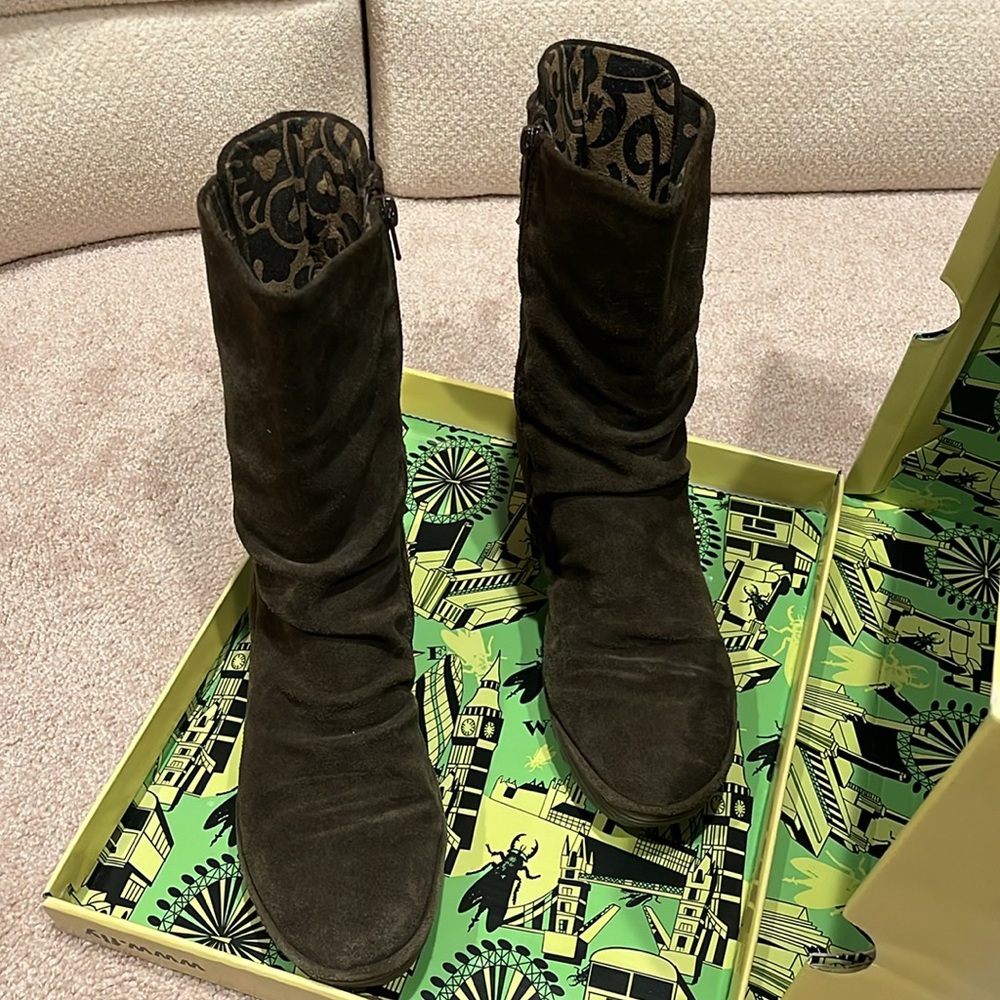 Fly London EU41 mid height, suede, combo of olive, grey, brown = boot color